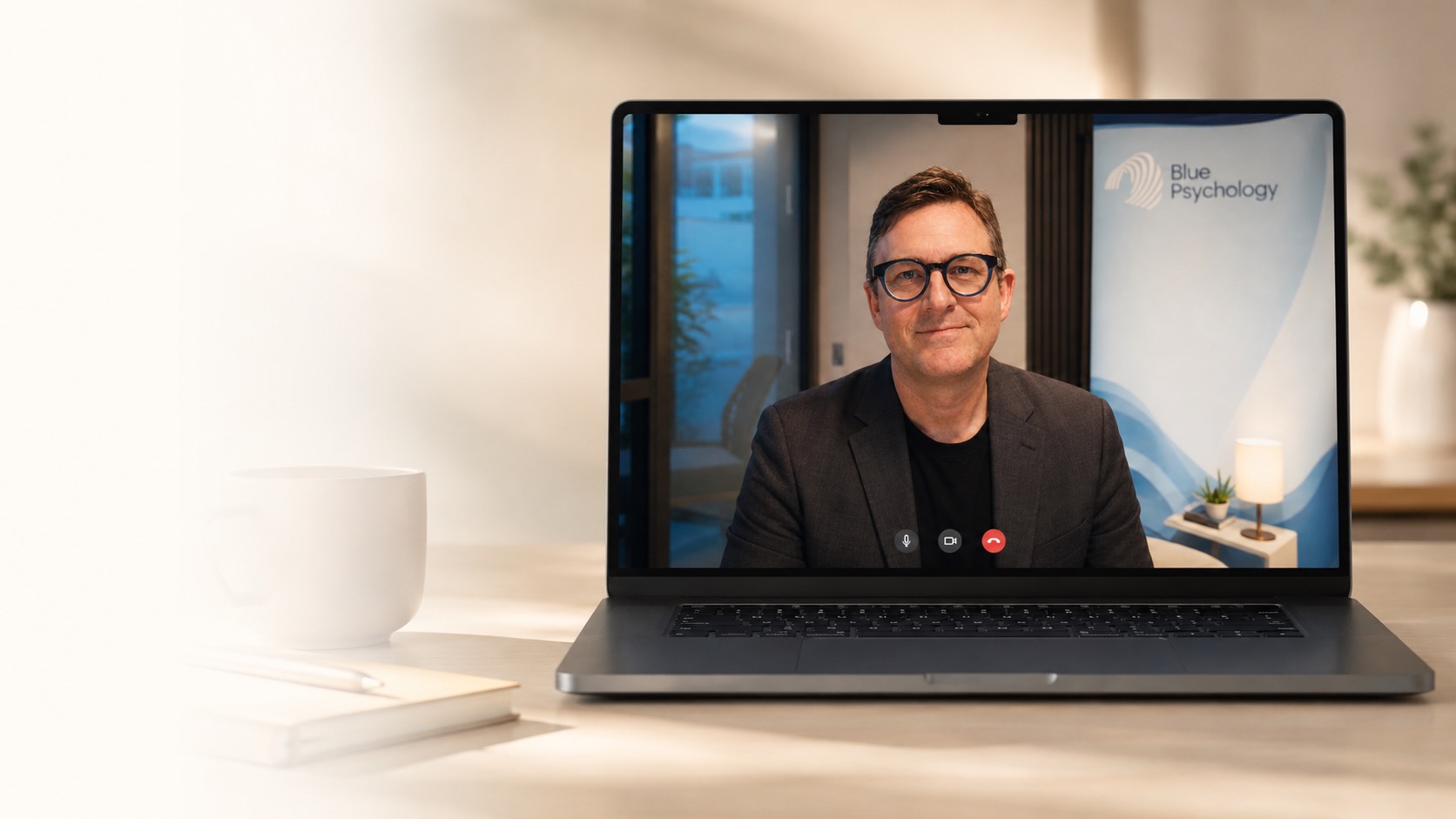 Ross Sutherland appearing on a laptop screen for a video telehealth appointment